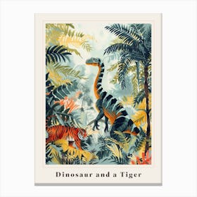 Dinosaur And A Tiger In A Tropical Rainforest Poster Canvas Print