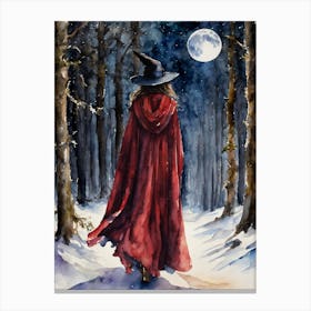 Red Witch in Winter - Witchy Watercolor Fairytale Art by Lyra the Lavender Witch, Pagan Walking Through Snowy Woods on Full Moon, Powerful Spellcasting Red Cloak, Red Witch's Hat, Snowing Forest Witchcore Canvas Print