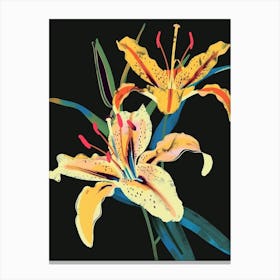 Neon Flowers On Black Lily 3 Canvas Print