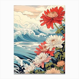 Great Wave With Dahlberg Daisy Flower Drawing In The Style Of Ukiyo E 3 Canvas Print