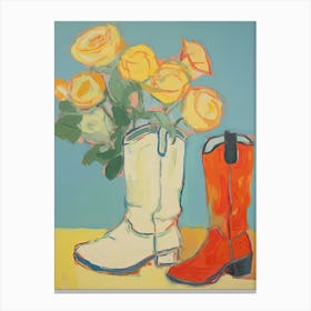 Painting Of Yellow Flowers And Cowboy Boots, Oil Style 14 Canvas Print