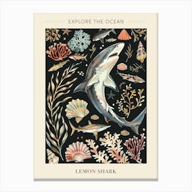 Lemon Shark Seascape Black Background Illustration 1 Poster Canvas Print