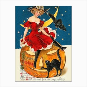 Halloween Greetings, Young Witch Sitting On A Pumpkin, Her Black Cat And A Flying Bat Canvas Print