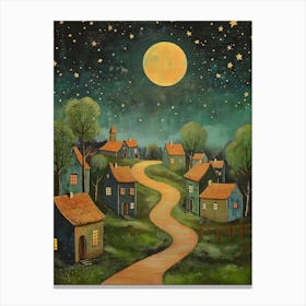 Painting Of A Night Sky With Stars, A Full Moon, And Cozy Village Houses Canvas Print