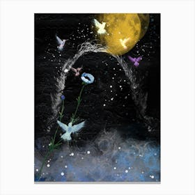 Hummingbirds Under a Golden Moon – Ethereal Night Scene Canvas Print