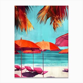 Red Umbrellas On The Beach Canvas Print