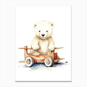 Baby Polar Bear On A Toy Car, Watercolour Nursery 0 Canvas Print
