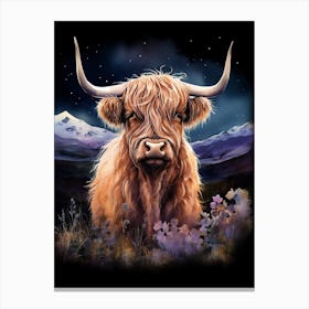 Watercolour Of Highland Cow At Night 3 Canvas Print