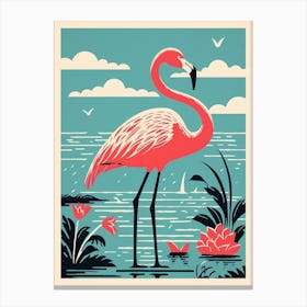 Vintage Bird Linocut Greater Flamingo 5 Canvas Print