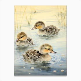 Ducklings Swimming Japanese Woodblock Style 1 Canvas Print