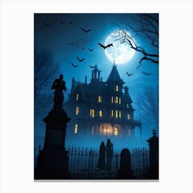 Frightened Souls Hovering Over A Victorian Mansion On A Dark Halloween Night Silhouetted Against A (3) Canvas Print