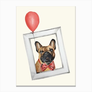 French Bulldog With Red Balloon Brown & Red Canvas Print