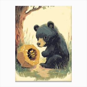 American Black Bear Cub Playing With A Beehive Storybook Illustration 3 Canvas Print