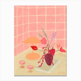 Bubbly, Pink Room With Vase Of Flowers Canvas Print