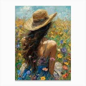 PERFECT - Woman on a Summer's Day - Abstract Impressionism Acrylic and Oil on Canvas by British Artist John Arwen Beautiful Colorful Floral Botanic Gallery Feature Wall Art - Blue Straw Hat Meadow HD Canvas Print