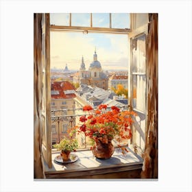 Window View Of Vilnius Lithuania In Autumn Fall, Watercolour 1 Canvas Print