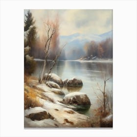 Ancient landscapes, old winter oil paintings and rocks around the lake bank. Snow is falling on the lake, old colors.12 1 Canvas Print