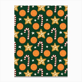 Holiday Spice Folk Art Oranges, Candy Canes, Cookies Rows on Dark Green Canvas Print