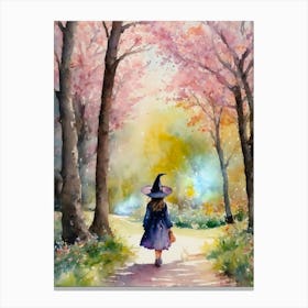 Little Spring Witch - Walking in Blossom Tree Sakura Woods at Ostara Easter Pagan Witchy Watercolor Art by Lyra the Lavender Witch - Girl Child Daughter Grandaughter Bunnies Rabbit Hare Pink Wicca Beautiful Colorful HD Canvas Print