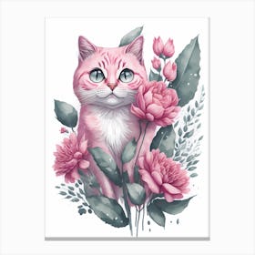 Pink Floral Cat Painting (4) Canvas Print