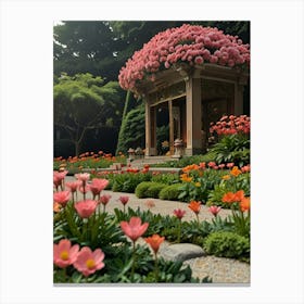 Pink Flowers In A Garden Canvas Print