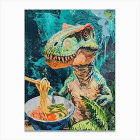 Dinosaur Eating Ramen Blue Brushstroke 2 Canvas Print