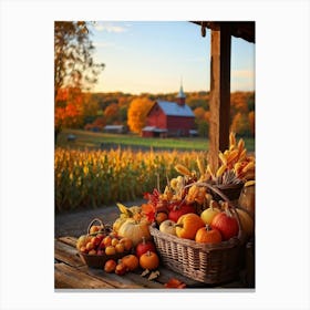 An Inviting Rustic Farm With Vegetables Like Corn Pumpkins Squash Elegantly Arranged In A Wooden B (2) Canvas Print