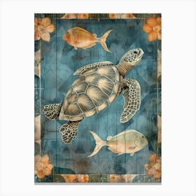 Blue Sea Turtle & Fish Mixed Media Collage Canvas Print