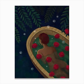 Woman Girl Bathing, Roses, Bathtub, Plants Stampe su tela