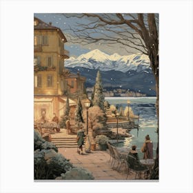 Vintage Winter Illustration Lake Como Italy 2 Canvas Print