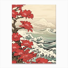 Great Wave With Camellia Flower Drawing In The Style Of Ukiyo E 2 Canvas Print
