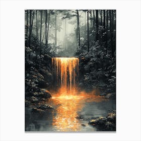 Waterfall In The Forest, Romantic Monochrome Charcoal style Stampe su tela