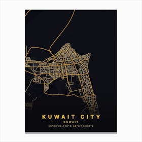 Kuwait City Kuwait Black And Gold Map Canvas Print