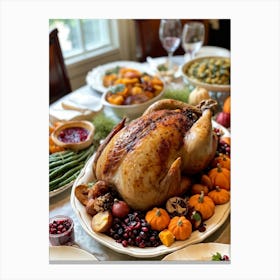 An Inviting Traditional Thanksgiving Feast Is Spread Out Highlighting A Tenderly Roasted Turkey Wit (2) Canvas Print