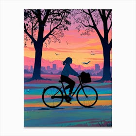 Girl Riding A Bicycle At Sunset Canvas Print