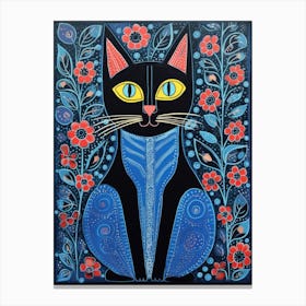 Black Cat With Blue Flowers in Gond Painting Style Canvas Print