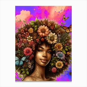 Afro, hair, kinky hair, butterflies , flowers, colorful art, African woman, Afrofuturism Canvas Print