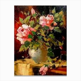 Antique Art - Vase of Pink Roses | Oil on Panel Canvas Print