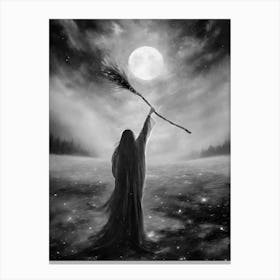 Hail the Lunar Goddess! Monochrome Black and White Dark Aesthetic - Witchy Art Work by John Arwen Full Moon Pagan Witch Broomstick Summer Fields Stormy Moody Women Powerment Spellcasting Wicca Wheel of the Year Witches Feature Wall HD Canvas Print