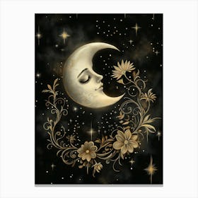 The Moon, Stars And A Gold Floral Canvas Print