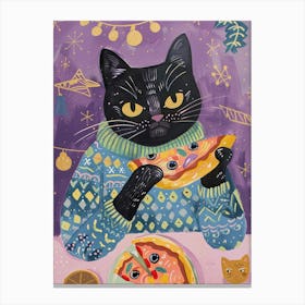 Black Cat Eating A Pizza Slice Folk Illustration 2 Canvas Print