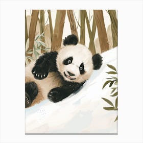 Giant Panda Cub Sliding Down A Snowy Hill Storybook Illustration 3 Canvas Print