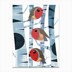 Three Robins Perched on Branches Canvas Print