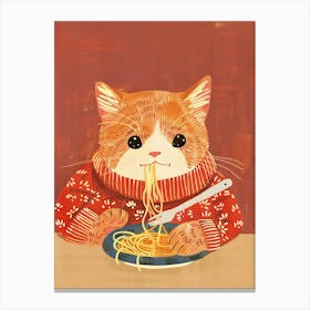 Cute Brown White Cat Eating Pasta Folk Illustration 1 Canvas Print
