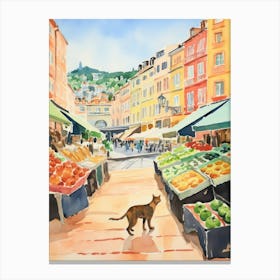 Food Market With Cats In Santander 1 Watercolour Canvas Print