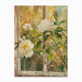 Camellia Flowers On A Cottage Window 1 Canvas Print