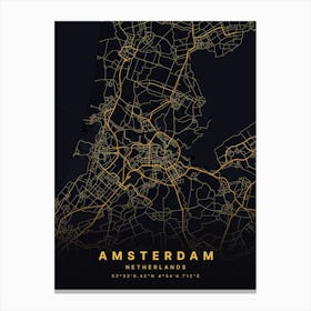 Amsterdam Netherland Black And Gold Map Canvas Print