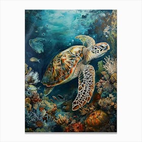 Turtle Underwater With Fish Painting 1 Canvas Print