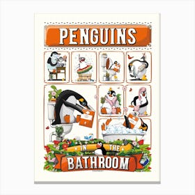 Penguins In The Bathroom Canvas Print