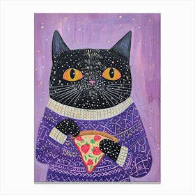 Cute Black Cat Eating A Pizza Slice Folk Illustration 4 Canvas Print